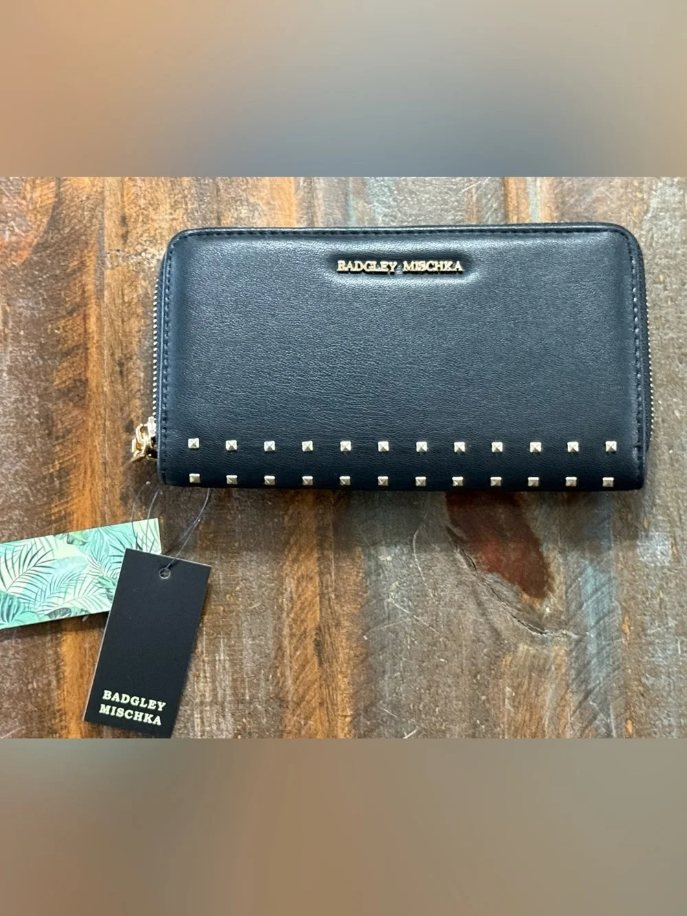 Badgley Mischka Black Studded Zip Around Long Wallet w/Gold Stud NWT